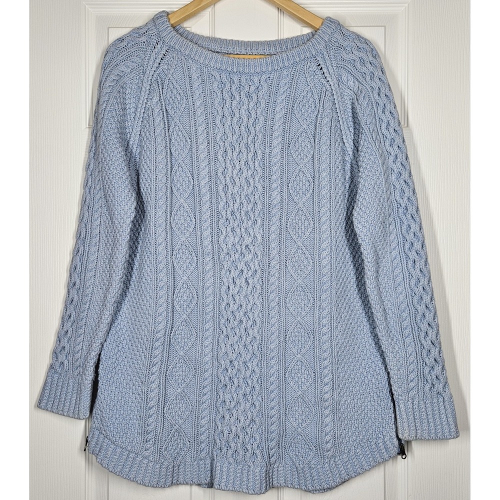 LL Bean Signature Fisherman Tunic Sweater L Chunky Cable Knit Ice Blue Lagenlook